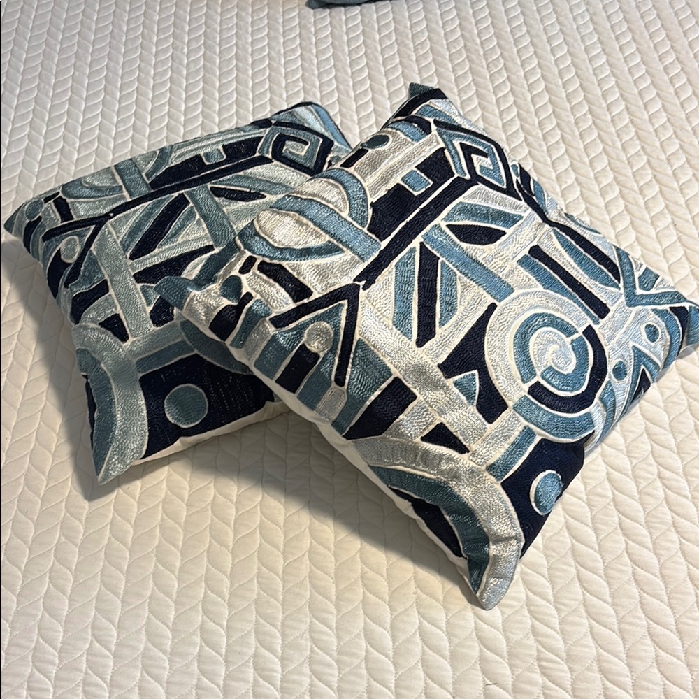 Pair of Pier 1 Blue and Silver Embroidered Toss Pillows